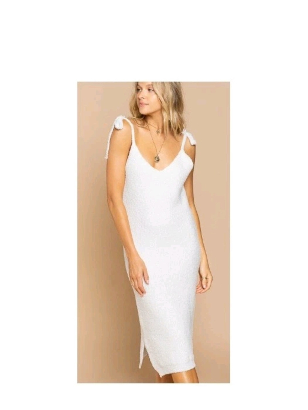 POL White Tie-Shoulder Knit Midi Dress